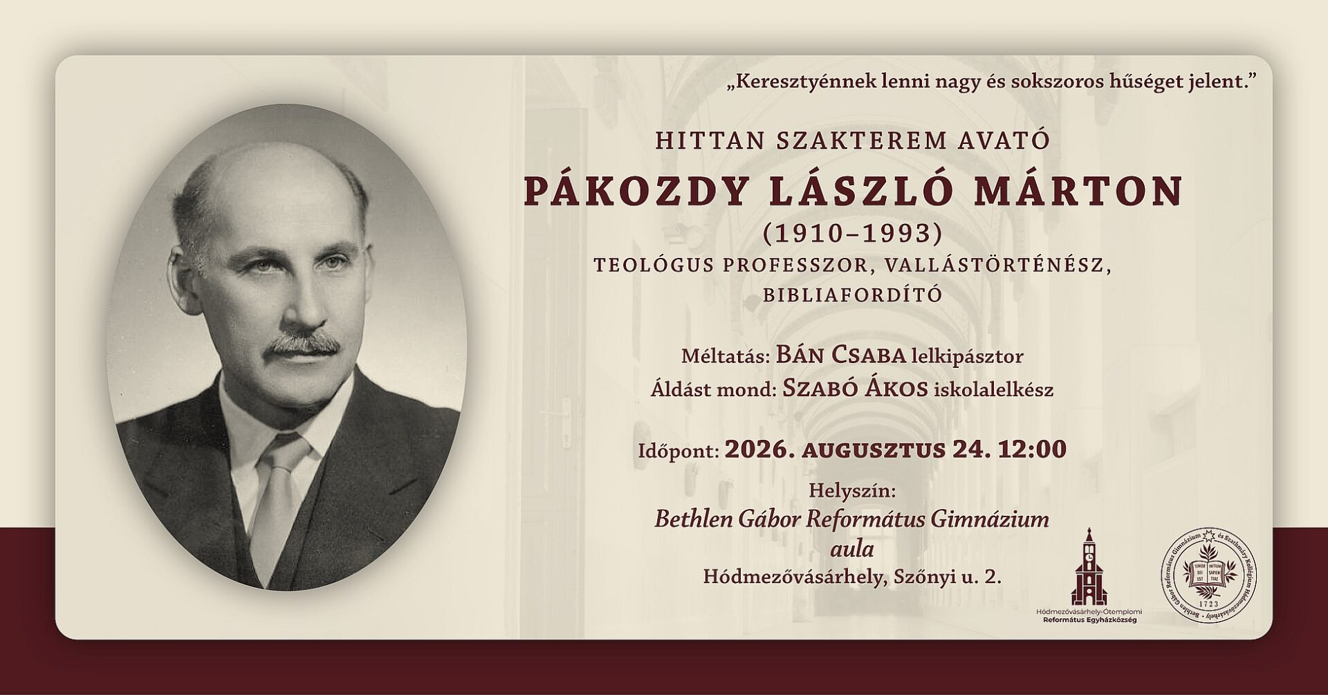 „Csendesedjetek el, és tudjátok meg, hogy én vagyok az Isten!” 20260824 Pakozdy terem avato BGRG FB esemenykep